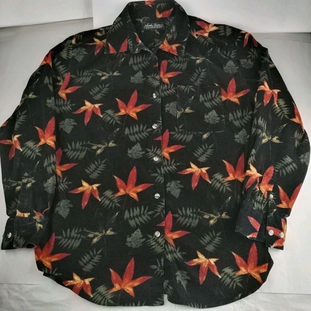 Vintage North River Outfitter Corduroy Button Up Women's M Black Floral 90s Boho